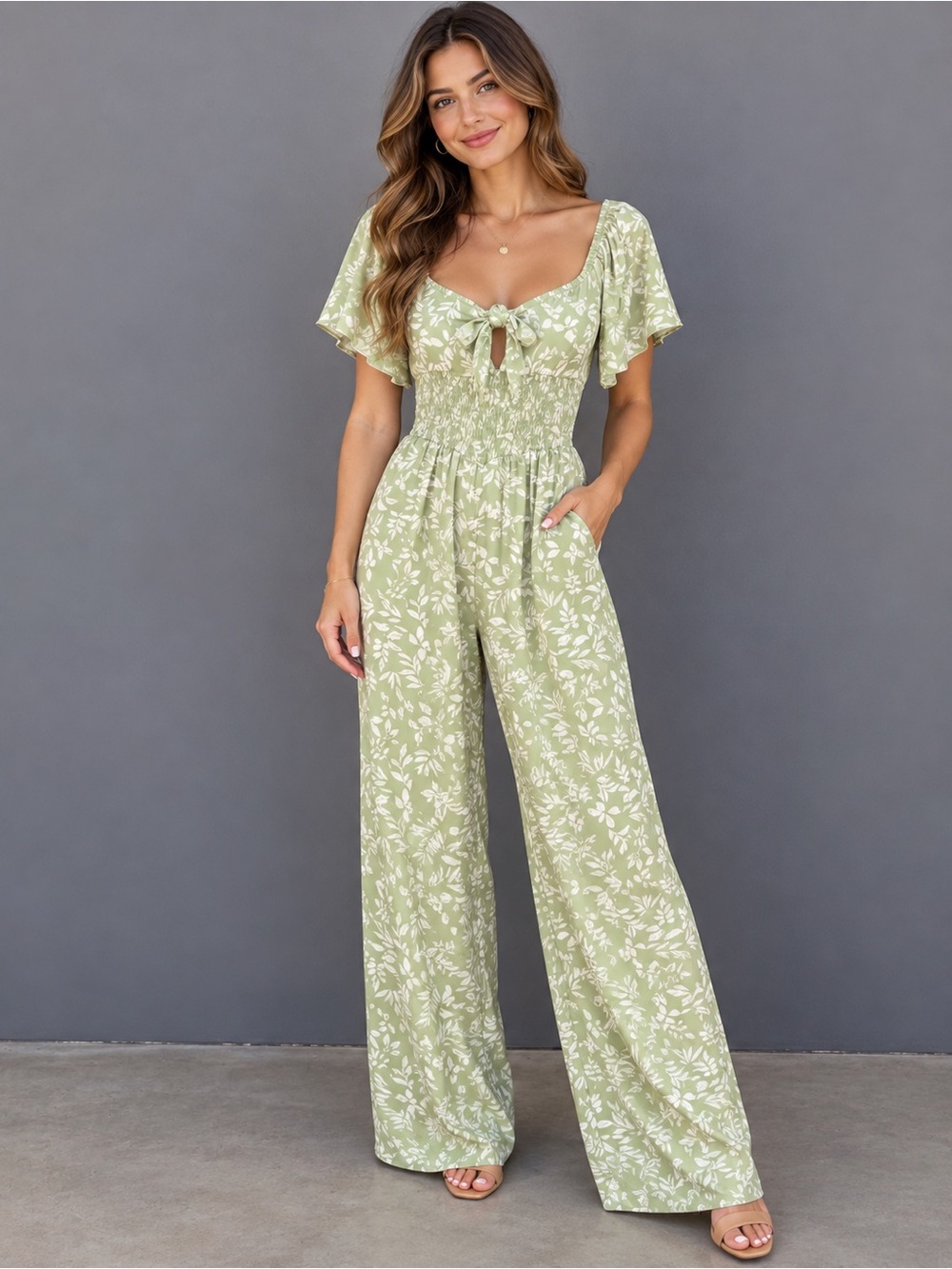 Dee Elly Sage Green Floral Smocked Wide Leg Jumpsuit Size M